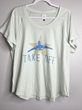 Cabi "Take Off" Departure Graphic Tee Mint Green Travel Vacay Short Sleeve.